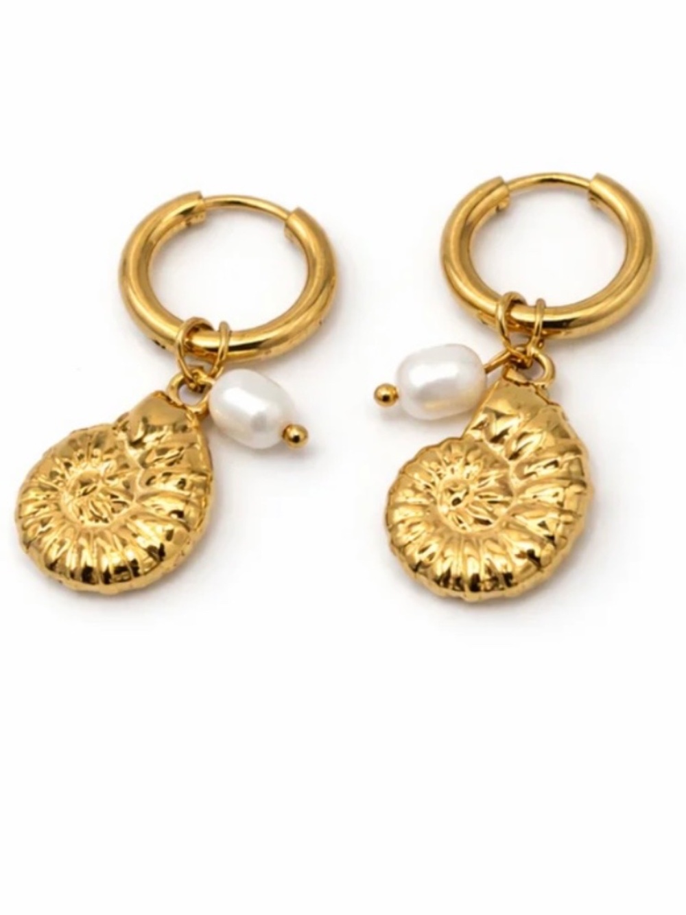 Oshena Ammonite Pearl Drop Hoop Earrings 18K Gold Plated Ocean Inspired NWT